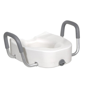 White raised toilet seat with gray handles on a white background - okotoks hc pharmacy
