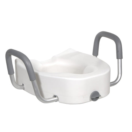 White raised toilet seat with gray handles on a white background - okotoks hc pharmacy