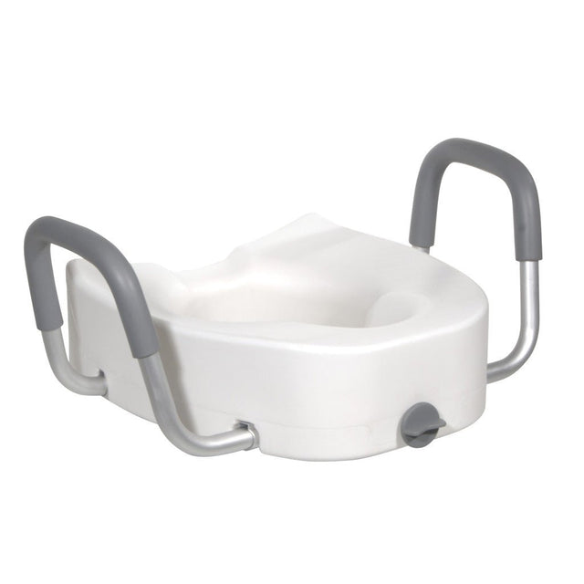 White raised toilet seat with gray handles on a white background - okotoks hc pharmacy