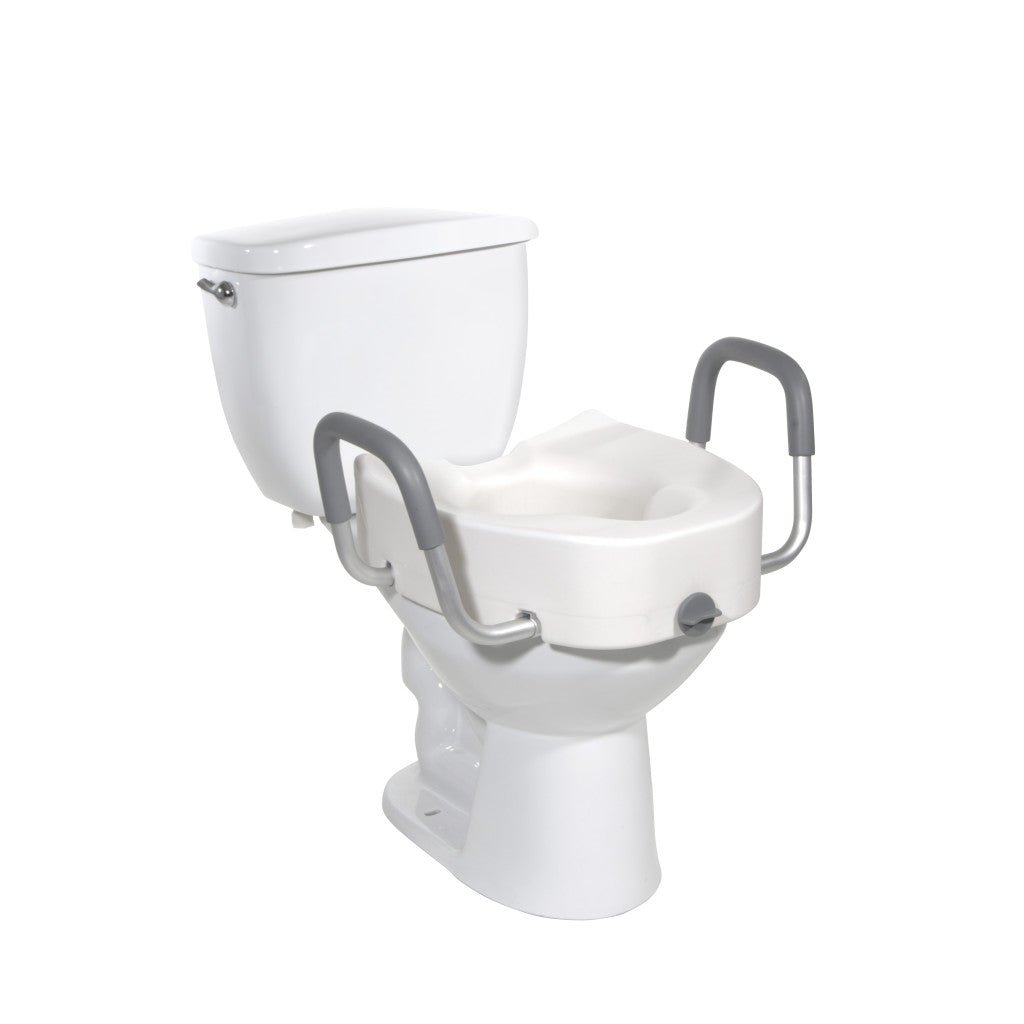 White toilet with a raised seat and grab bars on a white background - okotoks hc pharmacy