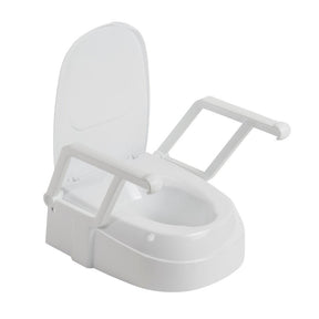 White raised toilet seat with a support handle on a white background - okotoks hc pharmacy