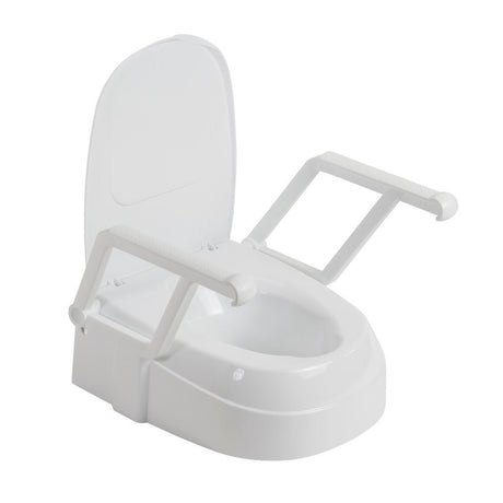 White raised toilet seat with a support handle on a white background - okotoks hc pharmacy