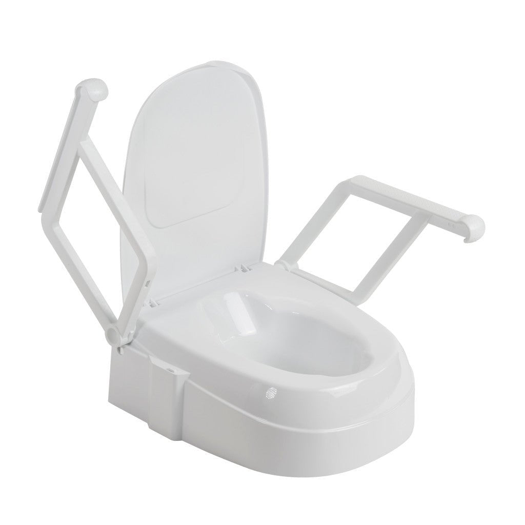 White toilet seat with armrests on a white background - okotoks hc pharmacy