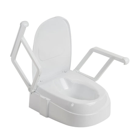 White toilet seat with armrests on a white background - okotoks hc pharmacy