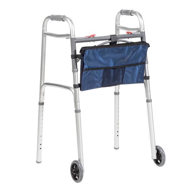 Silver walker with a blue bag on a white background - Okotoks HC Pharmacy
