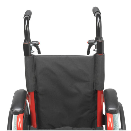 Close-up of a wheelchair with a black cover on a white background - okotoks hc pharmacy