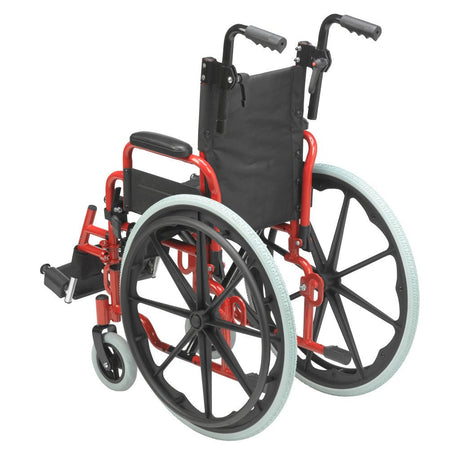 Wheelchair with red frame and black seat on a white background - okotoks hc pharmacy