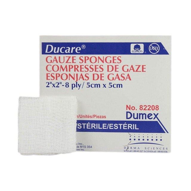 Ducare gauze sponges packaging with a sample sponge on a white background - okotoks hc pharmacy