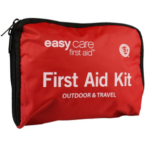 A red zippered first aid kit pouch with black trim and white text reading 'easy care first aid' and 'First Aid Kit OUTDOOR & TRAVEL'. - okotoks hc pharmacy