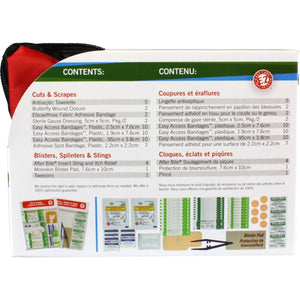Back of a red and black zippered pouch showing a French and English contents list, product descriptions, and small photos of included bandages and patches. - okotoks hc pharmacy