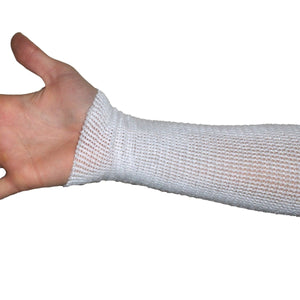 Hand wearing a white mesh sleeve on a white background - okotoks hc pharmacy