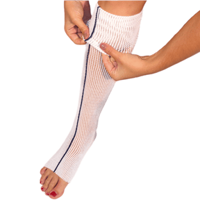 White compression stocking with blue trim being worn by a person on a white background - okotoks hc pharmacy