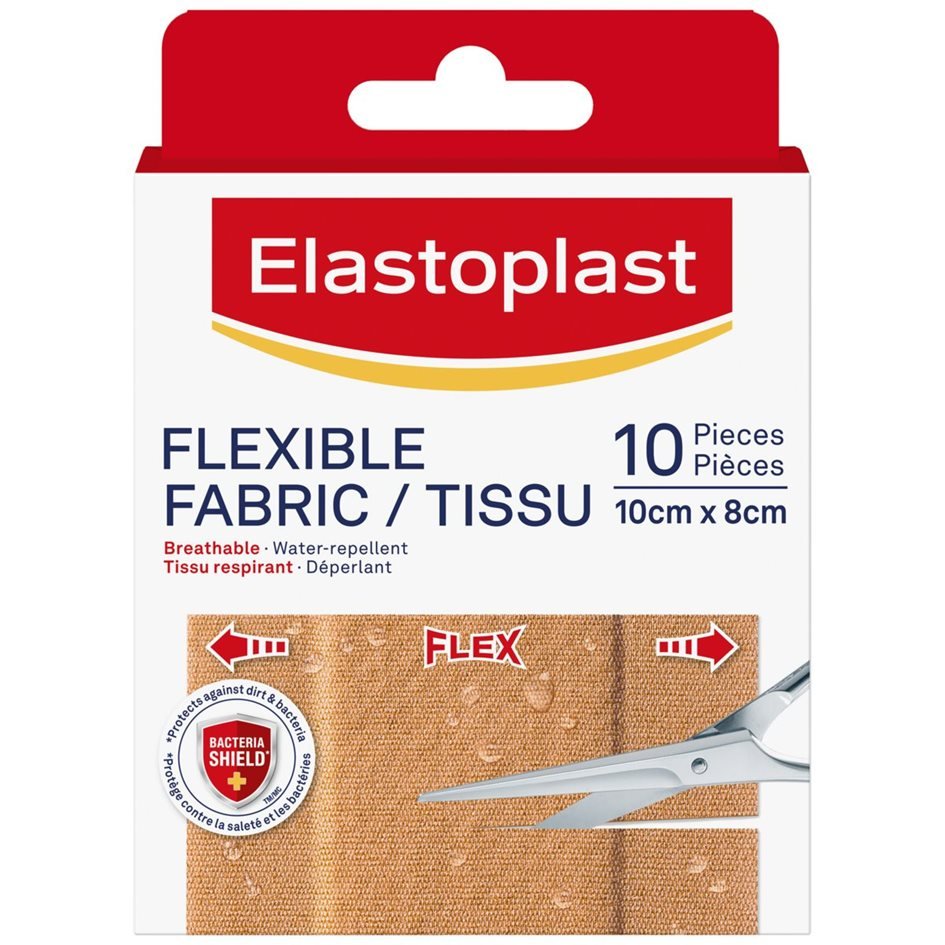 Elastoplast flexible fabric bandage packaging with scissors on a white background - okotoks hc pharmacy