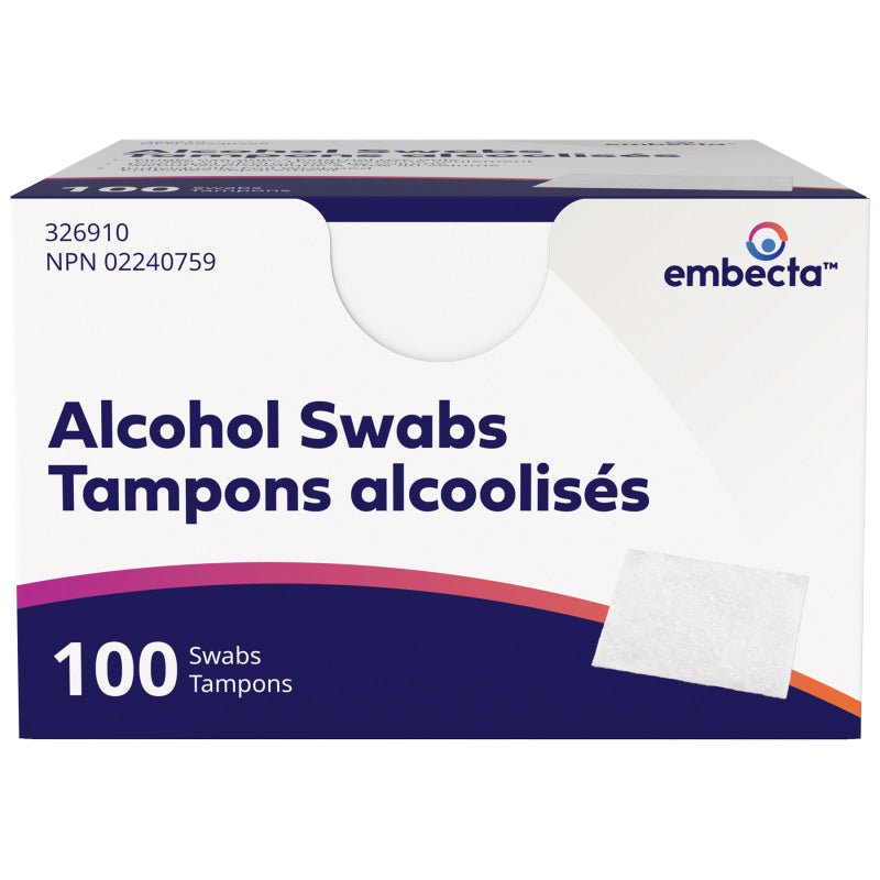 Box of embecta alcohol swabs on a white background - okotoks hc pharmacy
