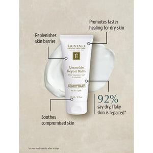 Eminence Ceramide Repair Balm with text highlighting benefits on a beige background - okotoks hc pharmacy