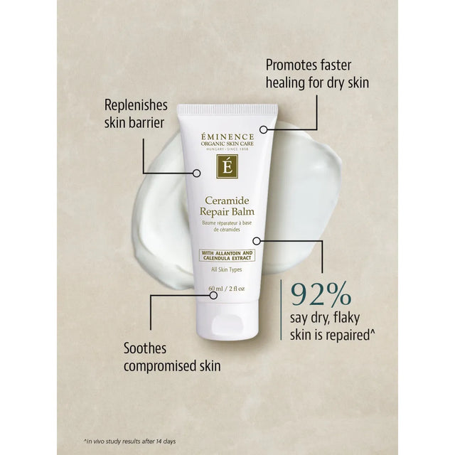 Eminence Ceramide Repair Balm with text highlighting benefits on a beige background - okotoks hc pharmacy