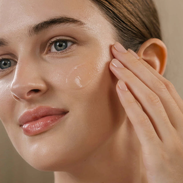 Woman applying cream to her face with a neutral background - okotoks hc pharmacy