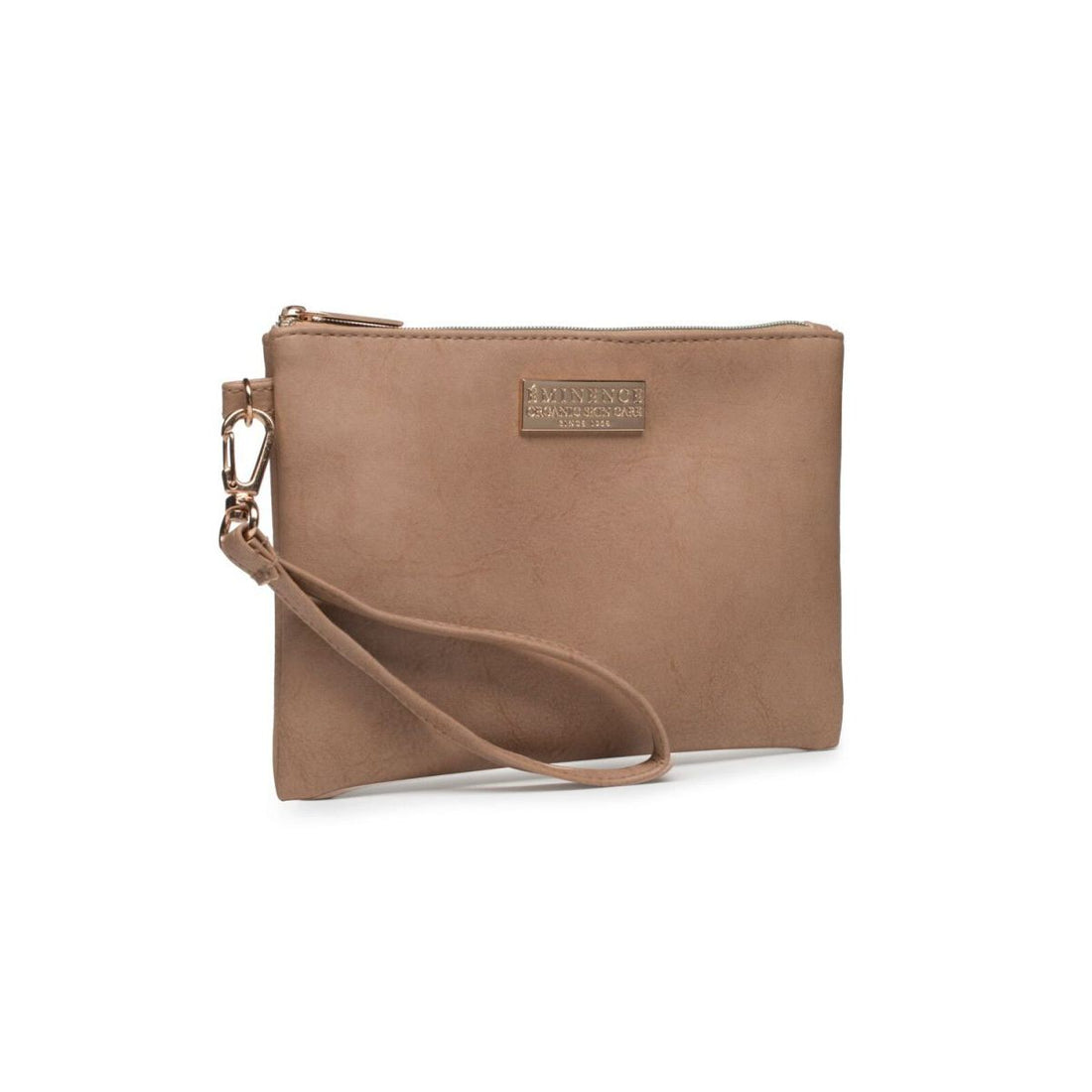 A tan faux-leather wristlet clutch with a top zipper, a matching wrist strap, and a small gold-tone brand plaque on the front, set against a plain white background. - okotoks hc pharmacy