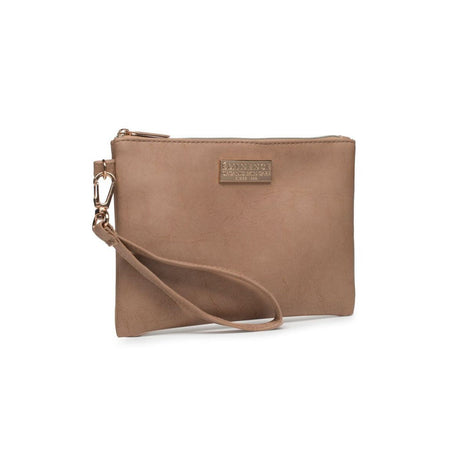 A tan faux-leather wristlet clutch with a top zipper, a matching wrist strap, and a small gold-tone brand plaque on the front, set against a plain white background. - okotoks hc pharmacy