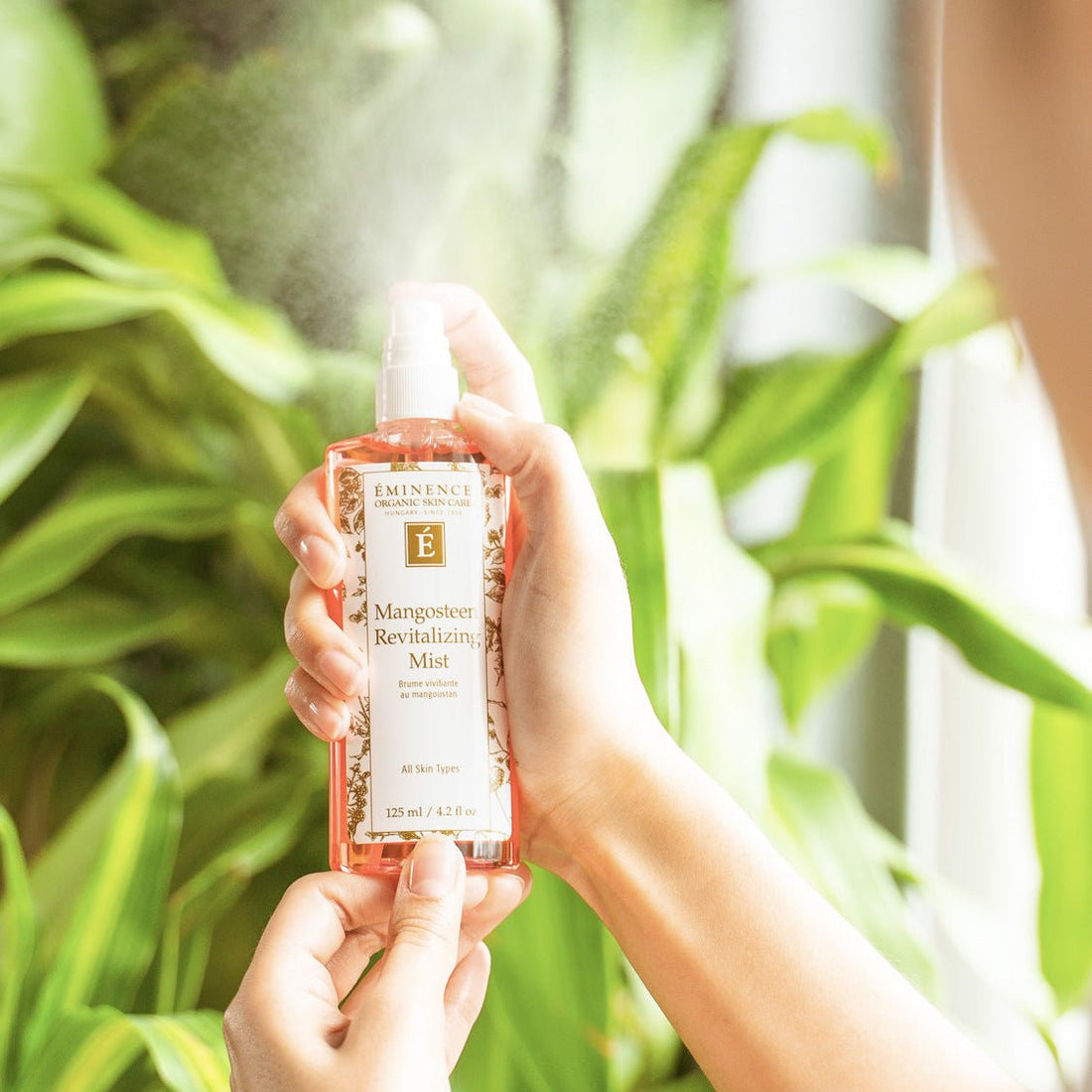 Person holding a bottle of Eminence Organics Mango Revitalizing Mist with greenery in the background - okotoks hc pharmacy