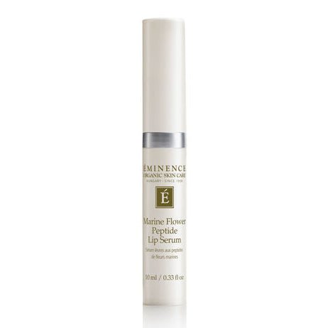 Eminence Organics Women Care Marine Flower Peptide Lip Serum in a white cylindrical tube with a silver band and gold logo, centered on a white background. - okotoks hc pharmacy