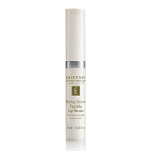 Eminence Organics Women Care Marine Flower Peptide Lip Serum in a white cylindrical tube with a silver band and gold logo, centered on a white background. - okotoks hc pharmacy