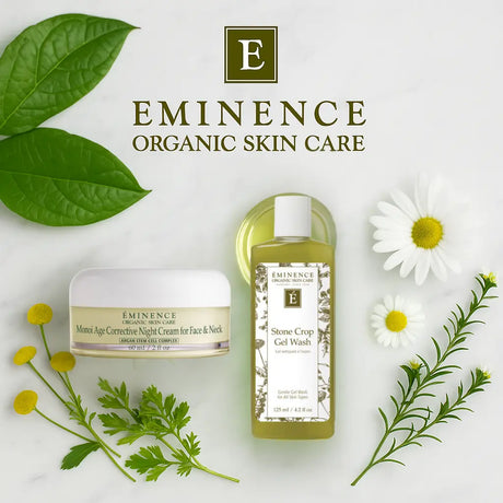 Eminence Organic Skin Care products with green leaves and flowers on a white background