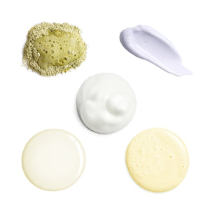 Collection of skincare products including a sponge, cream, and textures on a white background - okotoks hc pharmacy