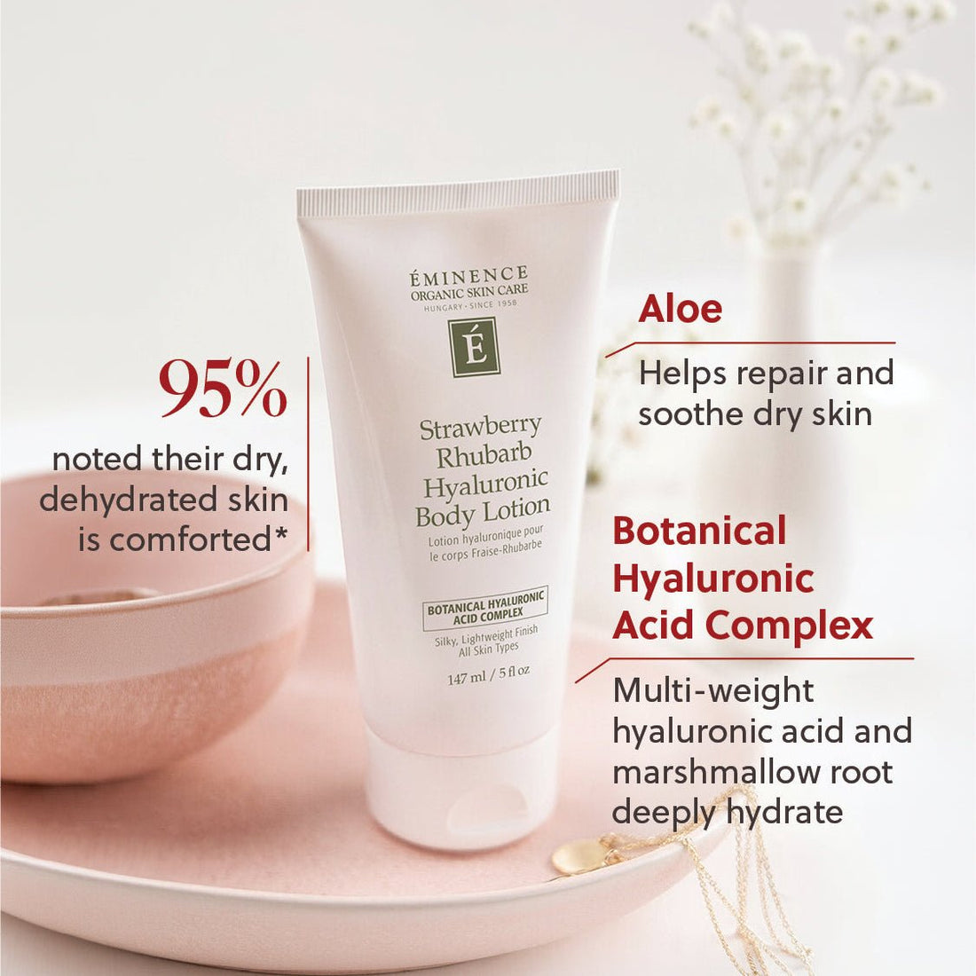 Eminence Strawberry Rhubarb Hyaluronic Body Lotion on a white surface with text highlighting benefits. - okotoks hc pharmacy