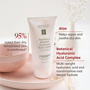 Eminence Strawberry Rhubarb Hyaluronic Body Lotion on a white surface with text highlighting benefits. - okotoks hc pharmacy