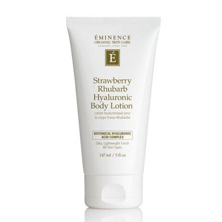 Tube of Eminence Strawberry Rhubarb Hyaluronic Body Lotion on a white background - okotoks hc pharmacy