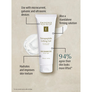 Tube of Eminence Organic Skin Care Tetrapeptide Lifting Gel with product information on a beige background - okotoks hc pharmacy