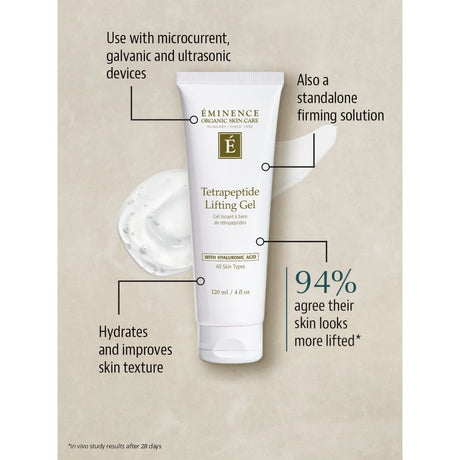 Tube of Eminence Organic Skin Care Tetrapeptide Lifting Gel with product information on a beige background - okotoks hc pharmacy