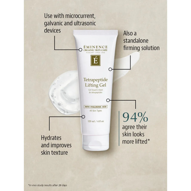 Tube of Eminence Organic Skin Care Tetrapeptide Lifting Gel with product information on a beige background - okotoks hc pharmacy