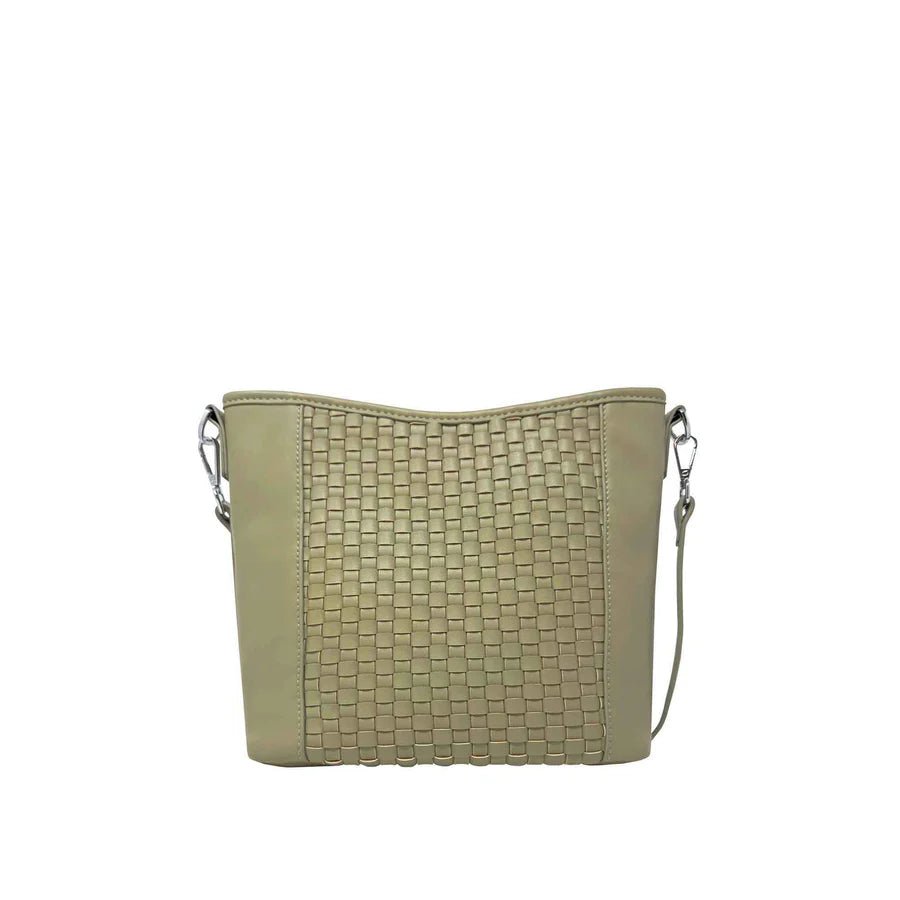 Green woven handbag on a white background - okotoks hc pharmacy