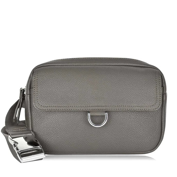 Gray crossbody bag with a silver buckle on a white background - okotoks hc pharmacy