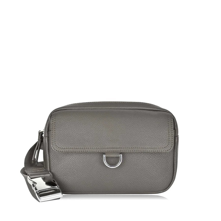 Gray crossbody bag with a silver buckle on a white background - okotoks hc pharmacy