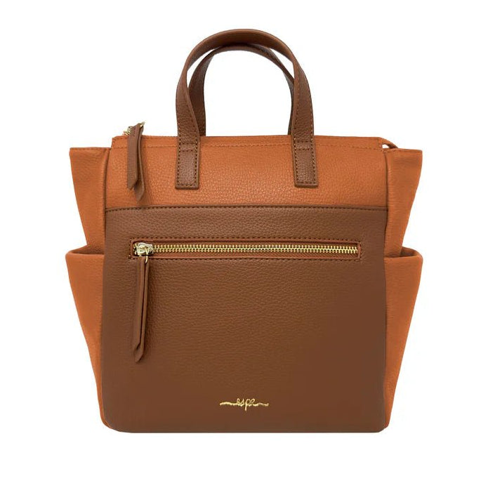 Brown handbag with gold zipper on a white background - okotoks hc pharmacy