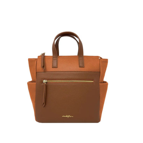 Brown handbag with gold zipper on a white background - okotoks hc pharmacy