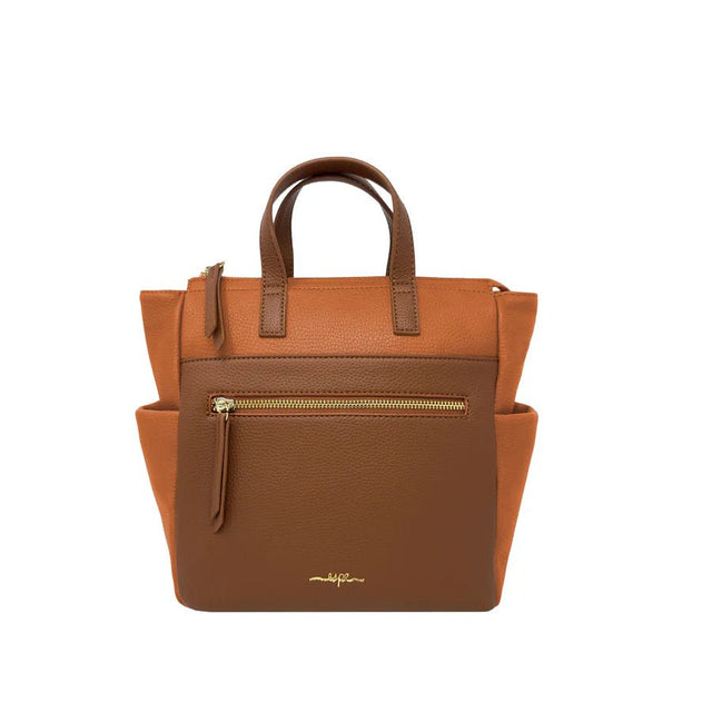 Brown handbag with gold zipper on a white background - okotoks hc pharmacy