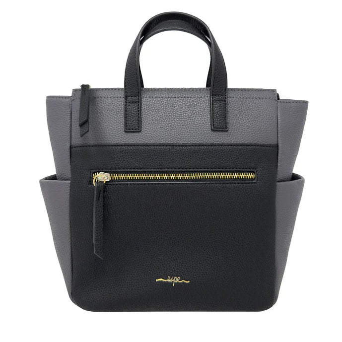 Two-toned black and gray handbag with gold zipper on a white background - okotoks hc pharmacy