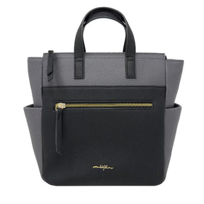 Two-toned black and gray handbag with gold zipper on a white background - okotoks hc pharmacy