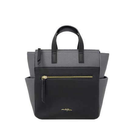 Two-toned black and gray handbag with gold zipper on a white background - okotoks hc pharmacy