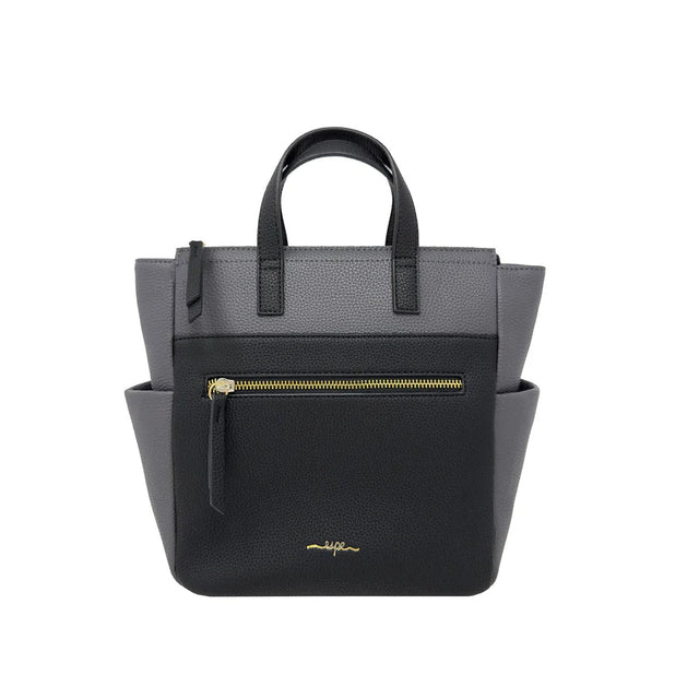 Two-toned black and gray handbag with gold zipper on a white background - okotoks hc pharmacy