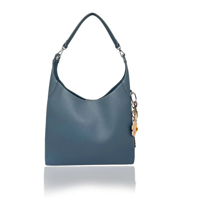 Blue handbag with a gold chain on a white background - okotoks hc pharmacy