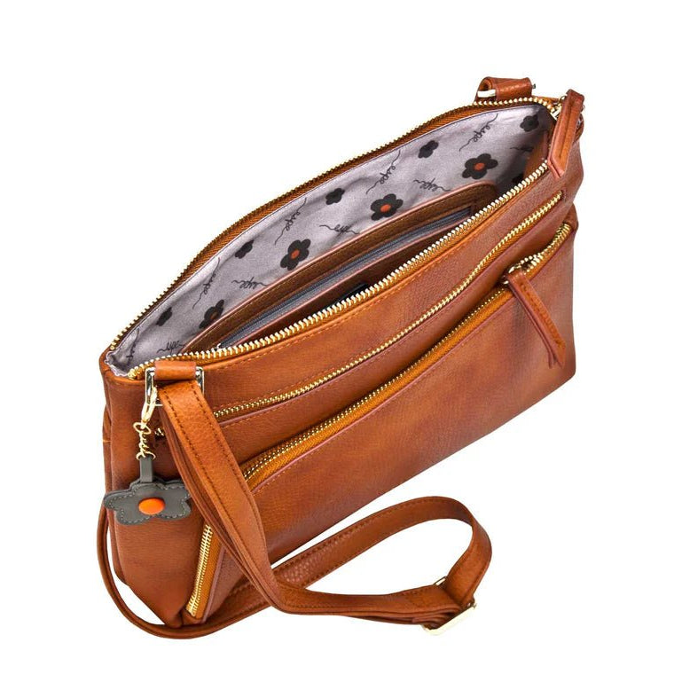 Brown crossbody bag with floral lining on a white background - okotoks hc pharmacy