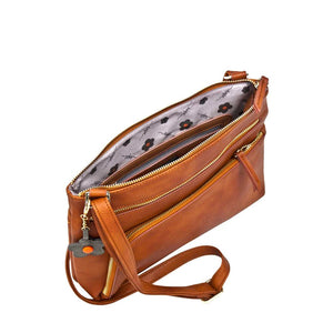 Brown crossbody bag with floral lining on a white background - okotoks hc pharmacy