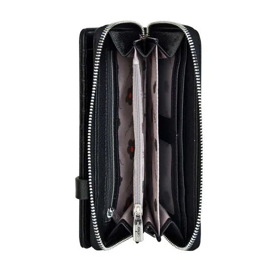 Black wallet with a zipper on a white background - okotoks hc pharmacy
