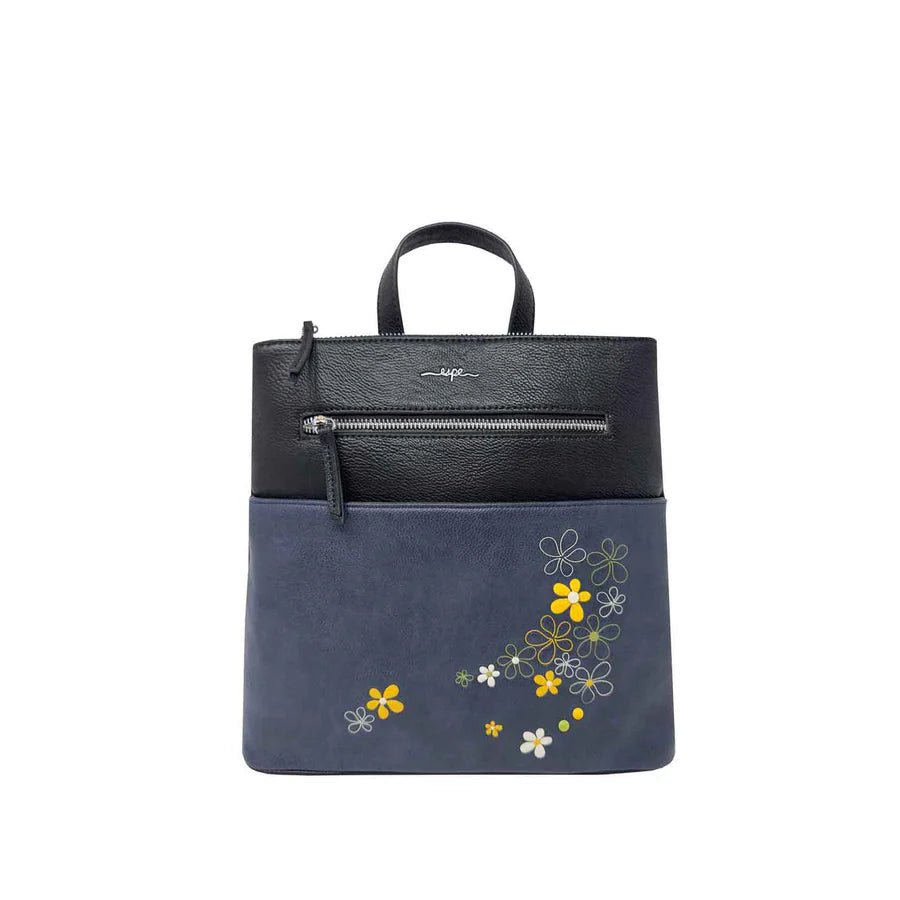 Black and blue handbag with floral embroidery on a white background - okotoks hc pharmacy