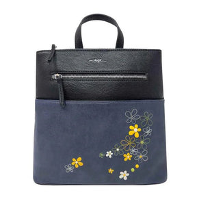 Black and blue handbag with floral embroidery on a white background - okotoks hc pharmacy